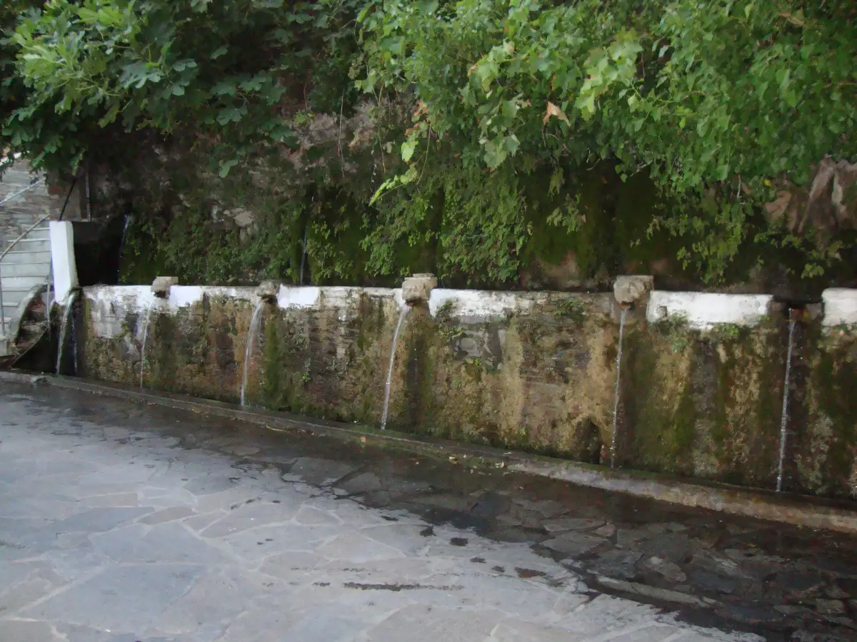 A low moss-covered stone wall under dense green foliage, with carved spouts set along its top edge pouring streams of water into a channel at the foot of the wall, above a wet flagstone terrace.