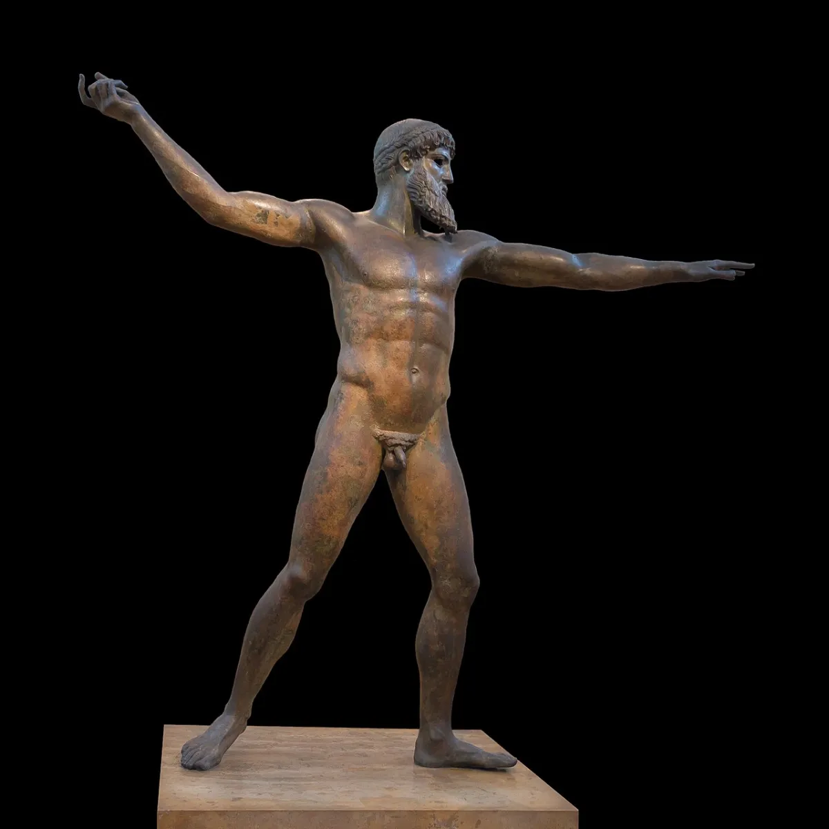 The life-size Artemision bronze god standing with his right arm drawn back to throw, the throwing hand empty