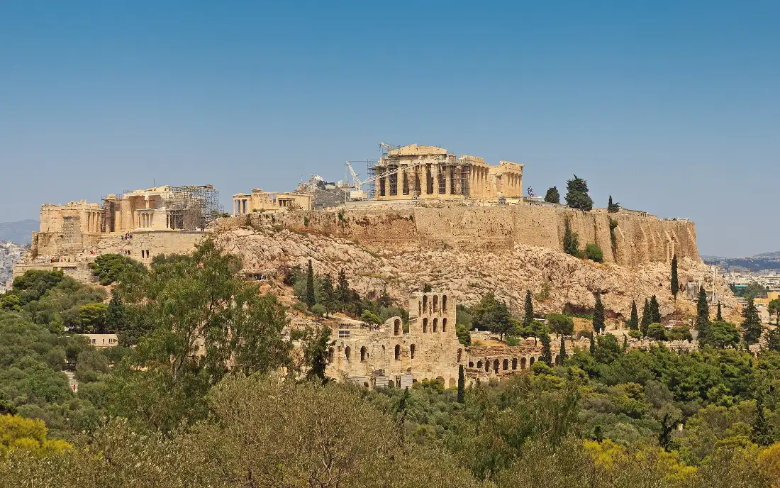 The Acropolis of Athens seen from Philopappos Hill, the Parthenon and the Erechtheion on the rock above the city