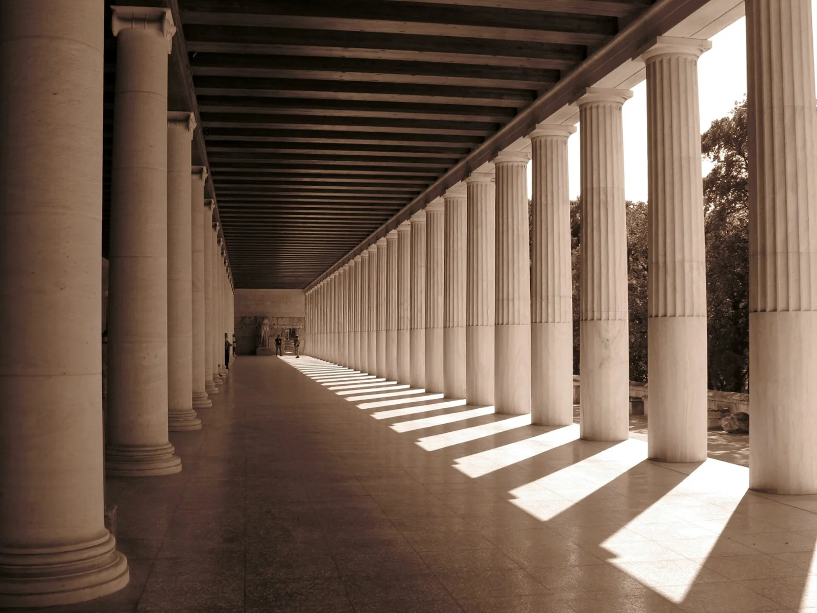 The colonnade of the Stoa of Attalos in the Ancient Agora of Athens, with its long row of columns
