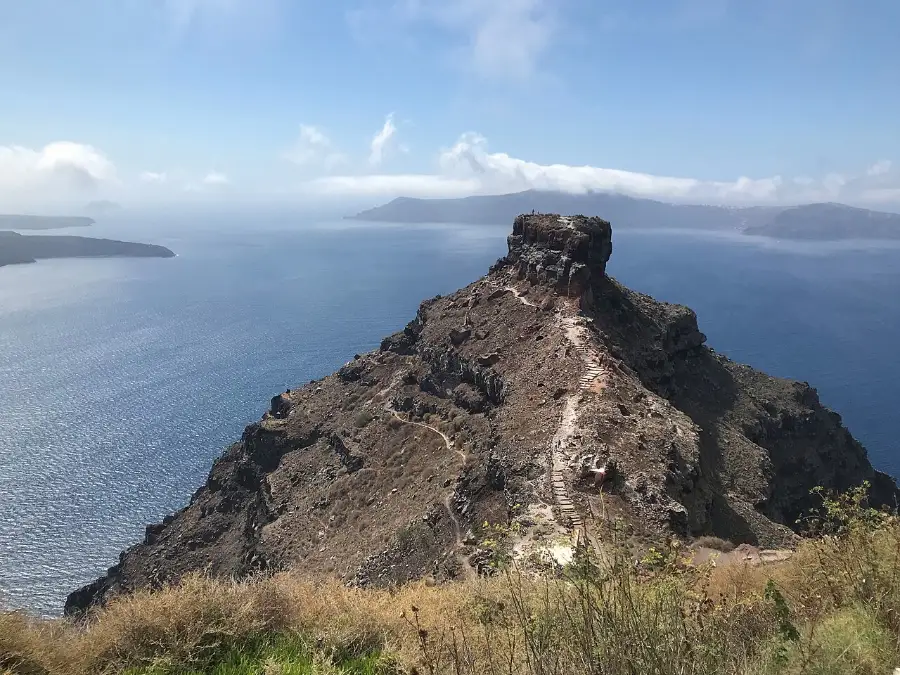 The Santorini caldera and Skaros rock seen from the cliff edge at Imerovigli