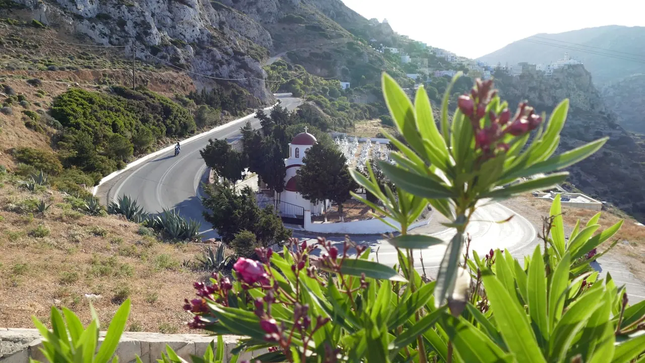 A narrow road winding through the mountains of Karpathos, Greece