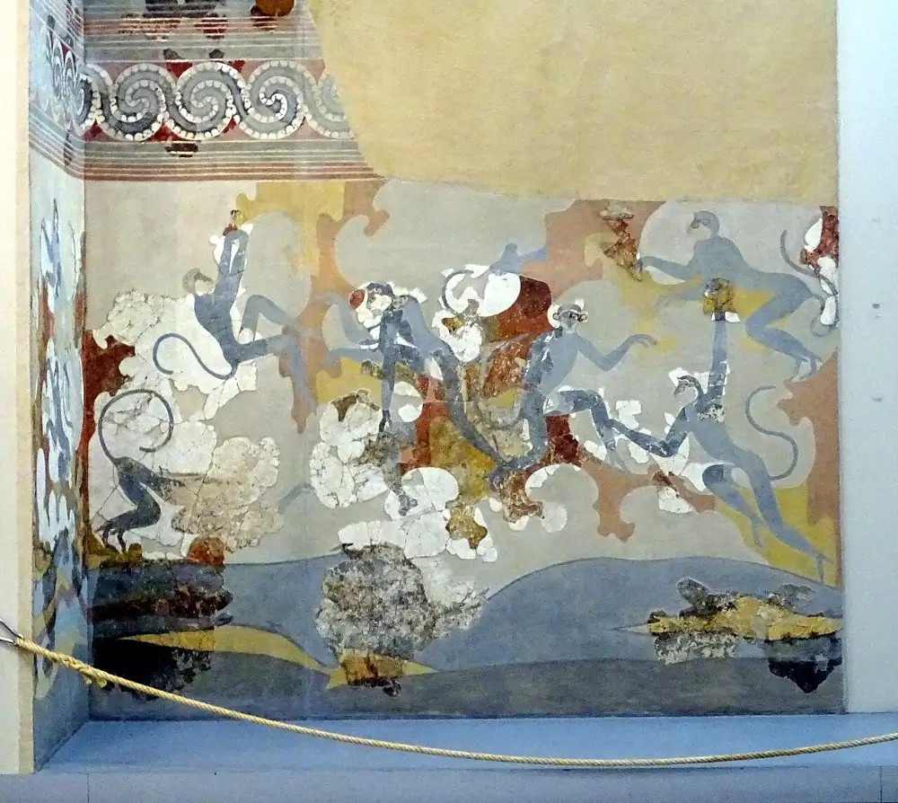 A Bronze Age wall painting from Akrotiri displayed in the Museum of Prehistoric Thera in Fira.