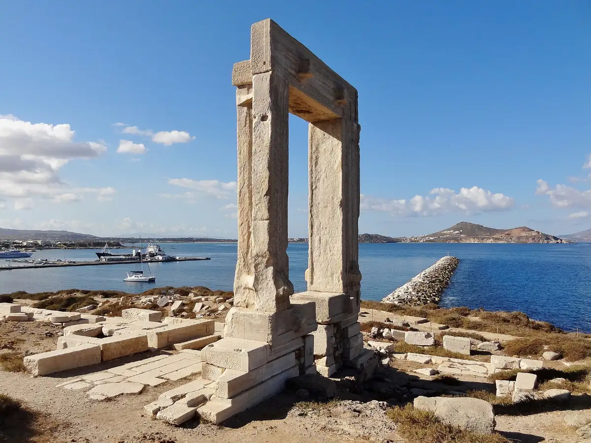 The Portara of Naxos, a free-standing marble doorframe on the islet of Palatia above the sea