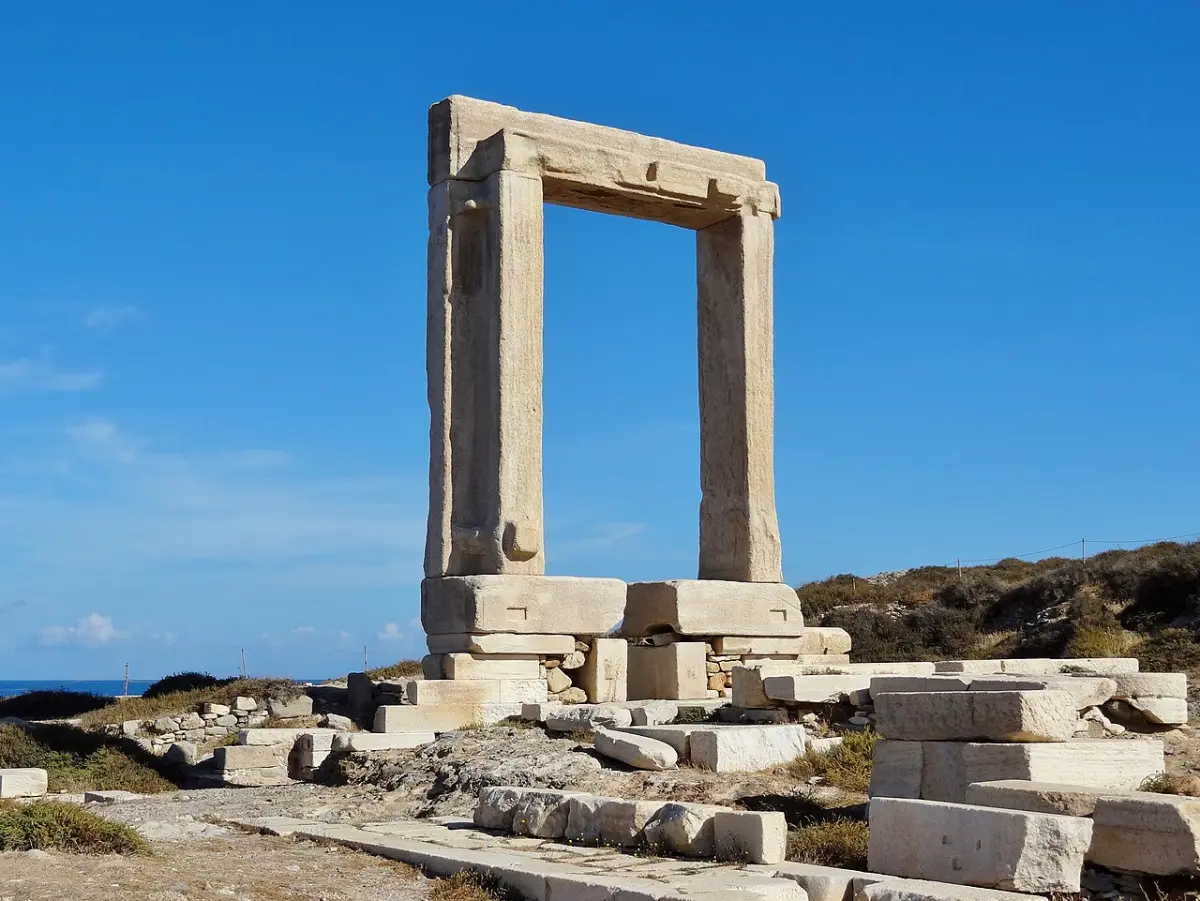 The Portara, a free-standing marble doorway on the islet of Palatia off Naxos Town.