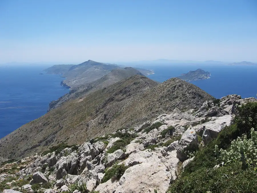 The bare mountain spine of Amorgos running out to sea, seen from the summit of Kroukelos