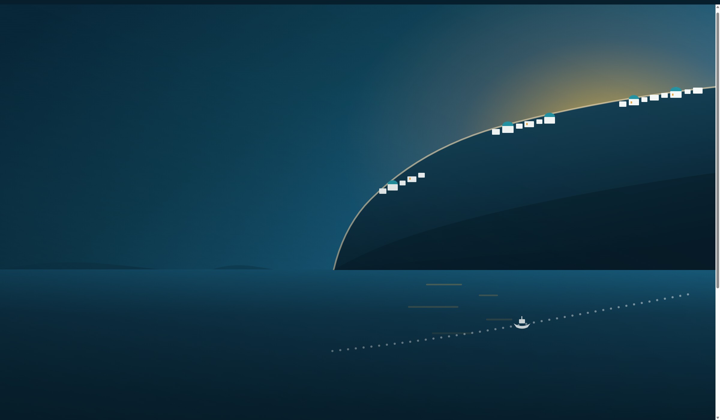 Illustration of the Santorini caldera at sunset: whitewashed village blocks with blue domes stepping down the steep cliff, backlit by the low sun, and a ferry crossing the water below.