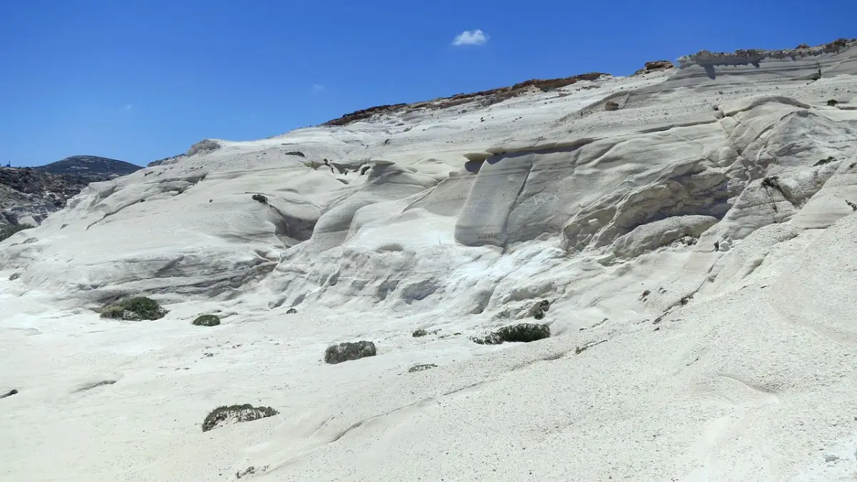 The white volcanic rock shelf at Sarakiniko on Milos running down into the sea