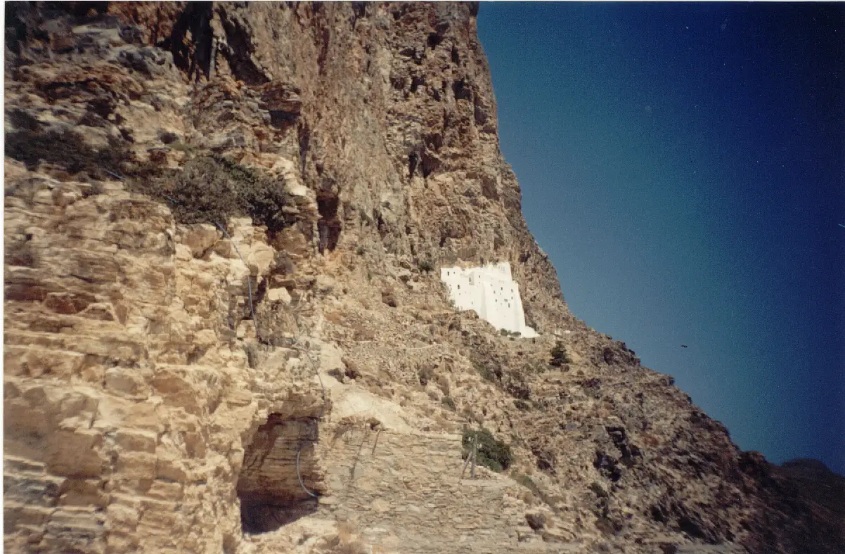 The monastery and beach at Agia Anna on Amorgos at sunset