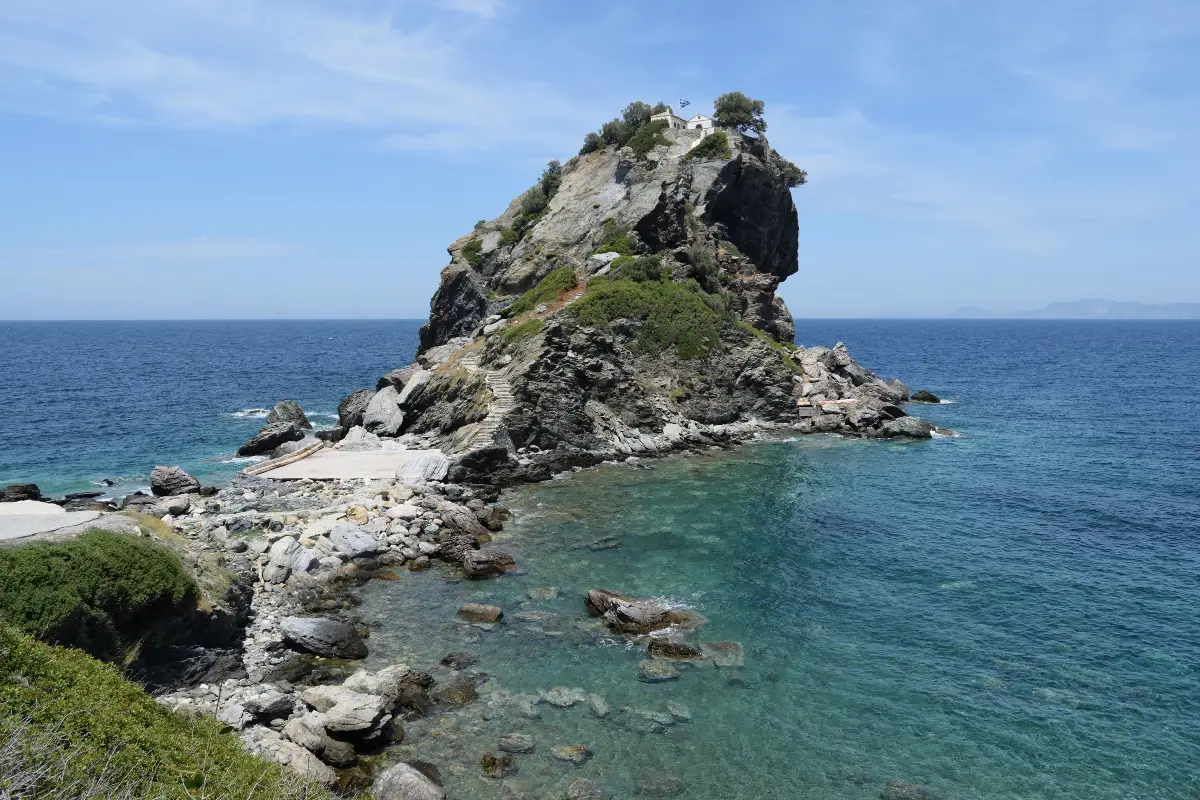 The chapel of Agios Ioannis Kastri on its rock stack off Skopelos