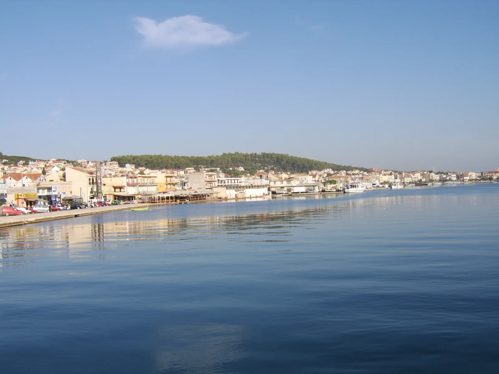 The waterfront at Argostoli on Kefalonia curving round its lagoon