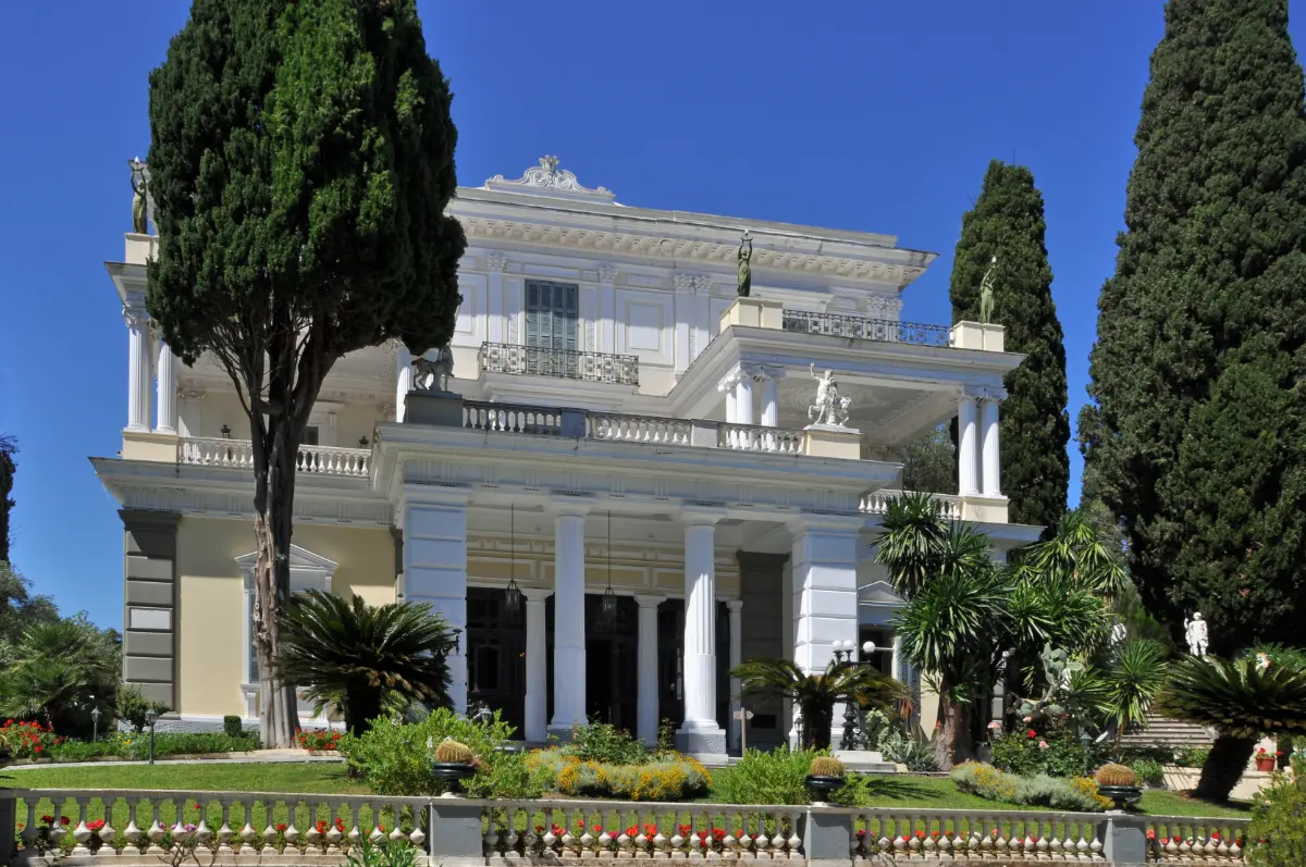 The facade and gardens of the Achilleion palace at Gastouri, Corfu