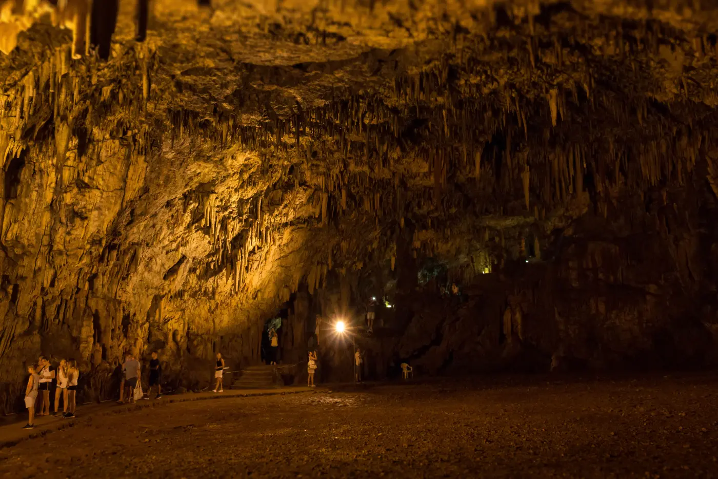 The lit chamber of the Drogarati cave on Kefalonia