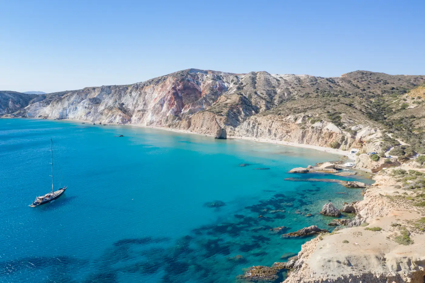 Firiplaka: long sand under banded cliffs