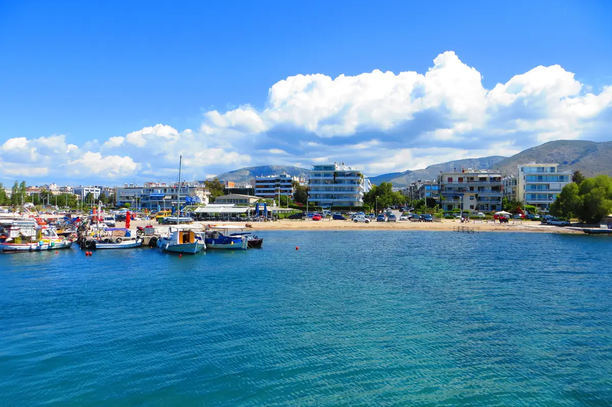 The marina at Glyfada, moored boats along the quay