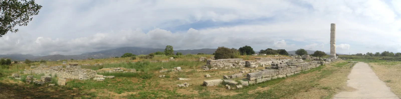 The low ruins and single standing column of the Heraion of Samos