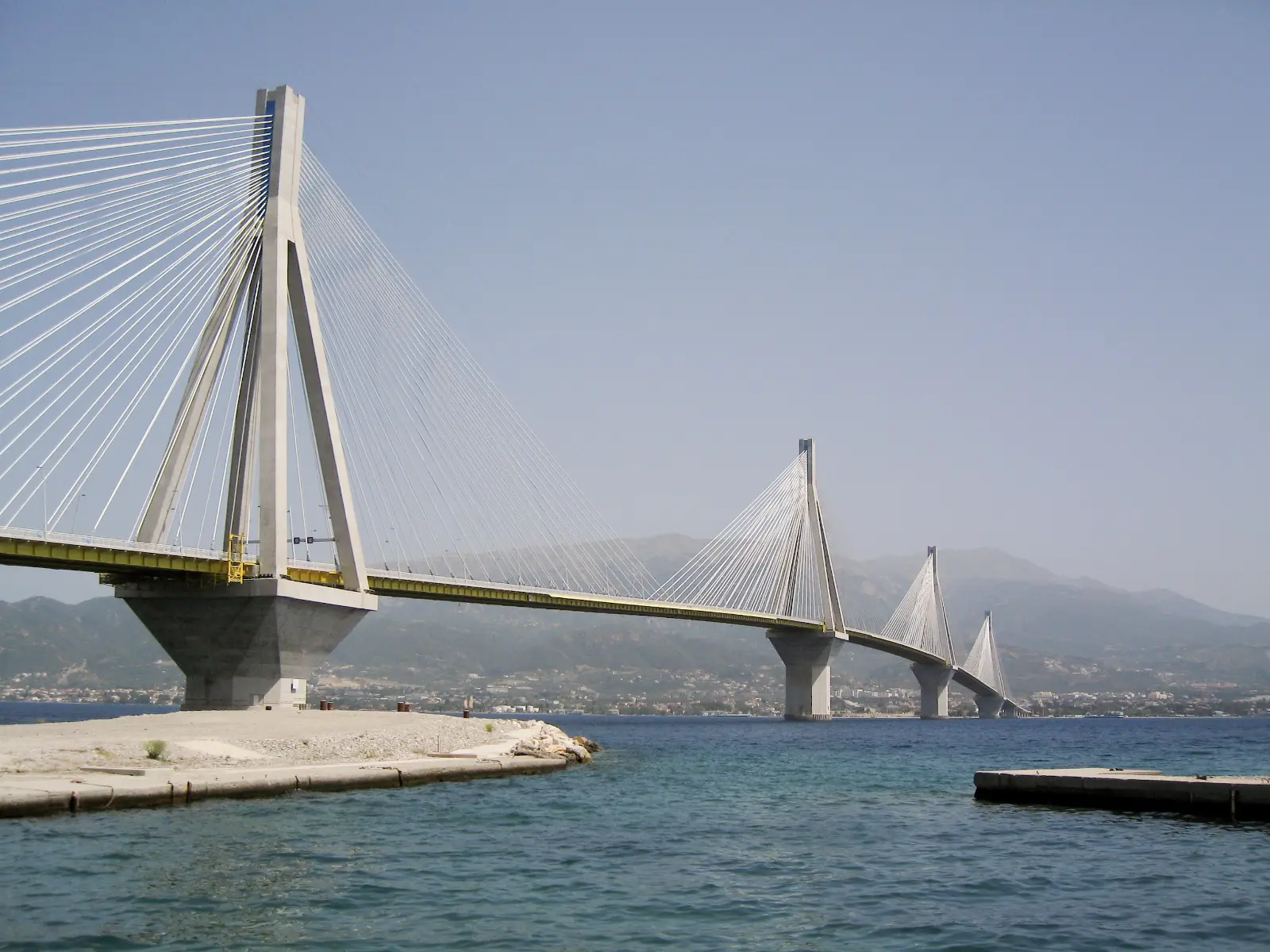 The cable-stayed Rio-Antirrio bridge spanning the western end of the Gulf of Corinth