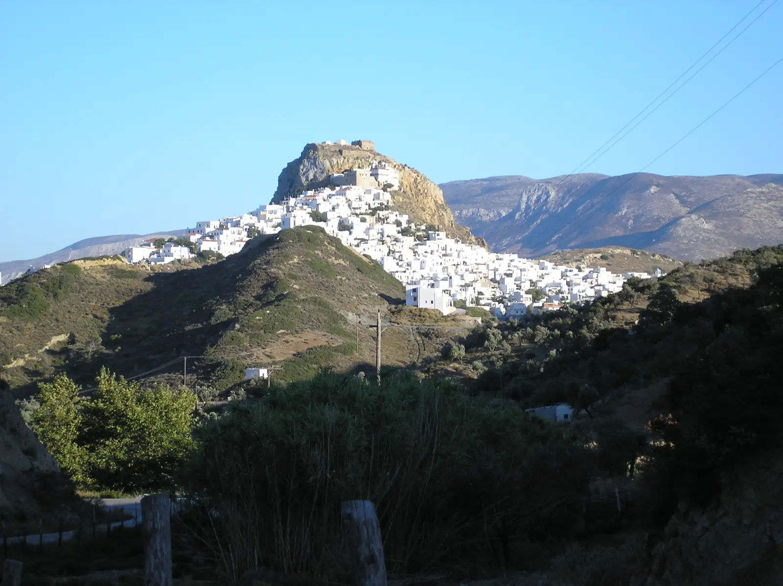 Skyros: a green half, a bare half, and a village on a rock