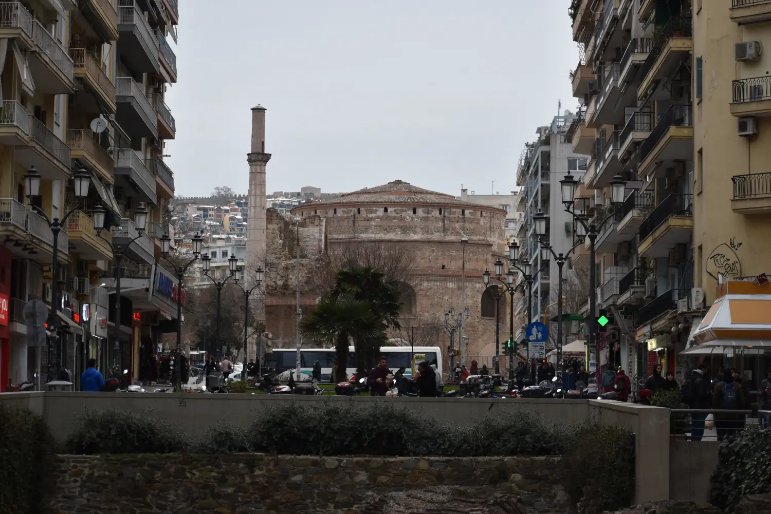 The Rotunda of Galerius in Thessaloniki with its Ottoman minaret, seen down Dimitriou Gounari street
