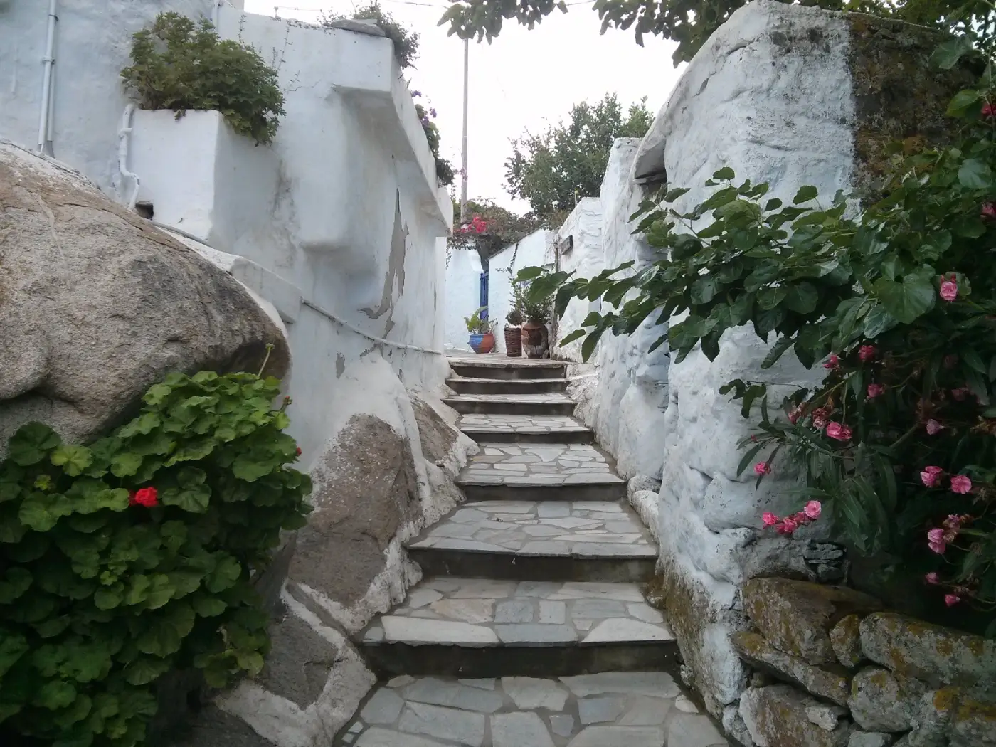 A stepped lane in Volax on Tinos, running between whitewashed walls